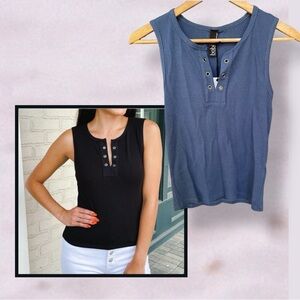 Bobi Los Angeles Women’s Coastal Blue Ribbed Tank Top Grommet Detail Sleeveless
